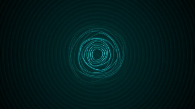 Abstract dark background featuring glowing turquoise circular waves and concentric lines moving in a rhythmic digital motion pattern for technology presentations and modern design projects