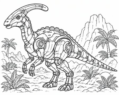 Black and white line art drawing of a parasaurolophus dinosaur in a prehistoric land