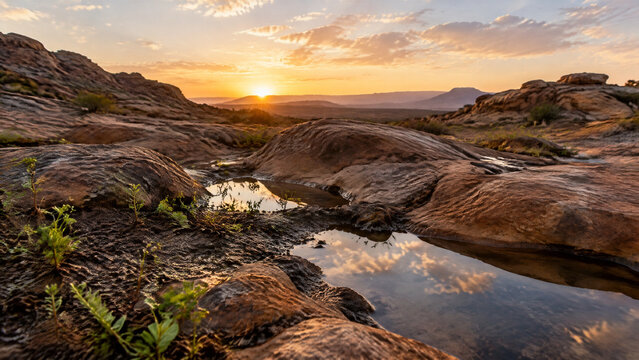 Golden sunset reflecting in desert rock pools after rainfall in a rugged arid mountain landscape