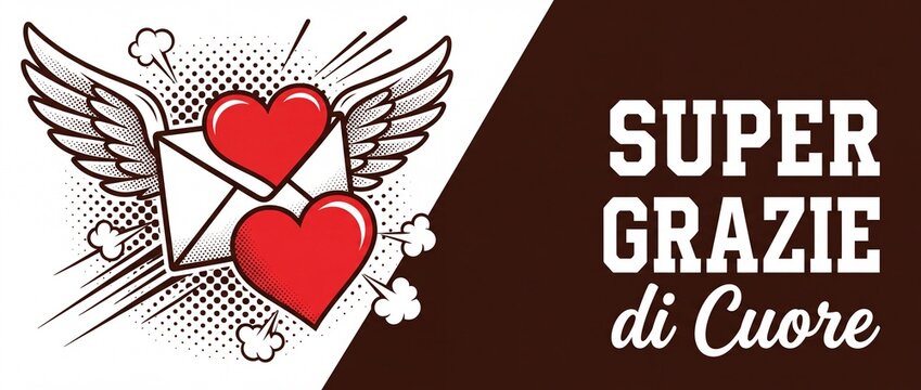 Flying heart envelope pop art thank you message illustration in retro comic style with wings speed lines and Italian text for love romance and gratitude greeting card banner design background.