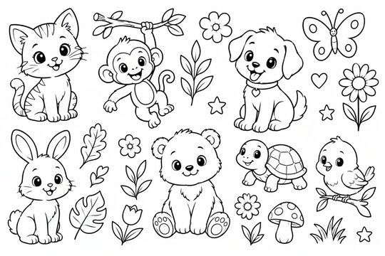 Hand drawn doodle set of various cute animals and nature elements