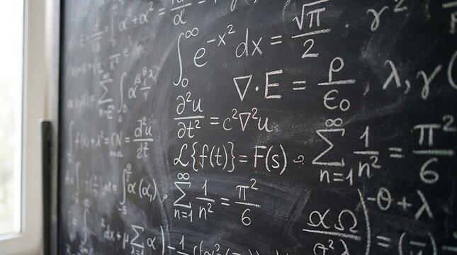 Mathematical formulas written on a black chalkboard
