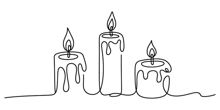 Three burning candles drawn in a continuous single line art style