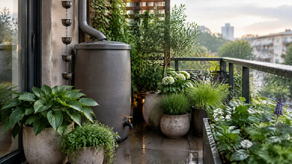 Obraz premium Rainwater collection barrel installed on a residential apartment balcony with lush potted plants