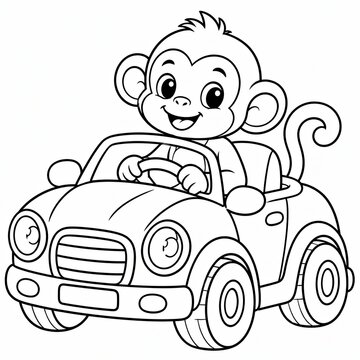 Cute cartoon monkey driving a small toy car line art drawing