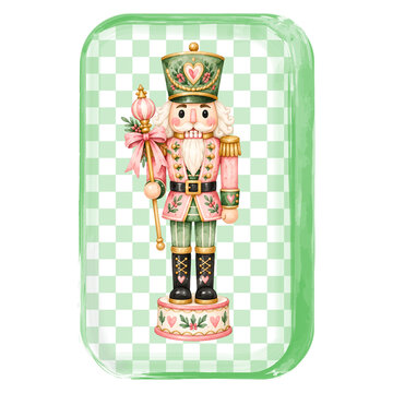 Pink and green nutcracker soldier on pastel checkered background