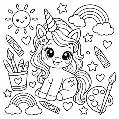 Fototapeta premium Cute unicorn coloring page with rainbow sun and stars for kids