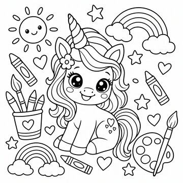 Cute unicorn coloring page with rainbow sun and stars for kids