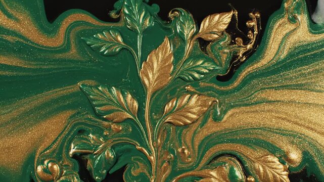 Abstract Liquid Marble Texture with Elegant Gold and Emerald Green Swirls Featuring Stylized Leaf Shapes and Luxurious Fluid Motion in a Decorative Art Background