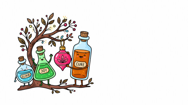 Cartoon bottles with faces hanging on tree branch illustration