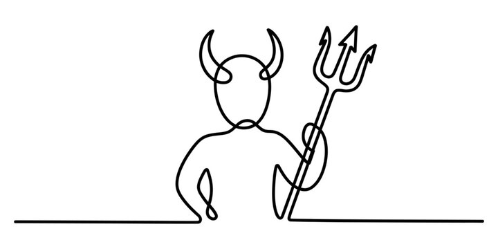 Continuous single line drawing of a little devil character holding a sharp trident