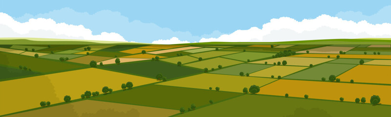 Obraz premium Spring landscape with green field and countryside farm, Summer agriculture scenery and panoramic rural nature, Autumn farmland with blue sky and clouds for seasonal background and vector illustration
