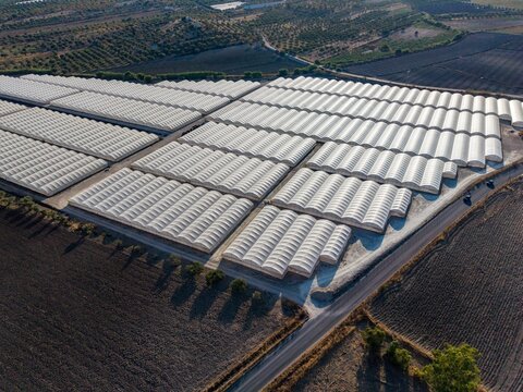 Aerial view of the agrivoltaic greenhouse complex with rows of white arched structures in the rural landscape of Modica, Sicily, Italy.