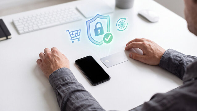 Ecommerce payment security and safe online shopping. Man at desk with smartphone, credit card and virtual shield, cart and money refund icons for internet transaction protection and privacy