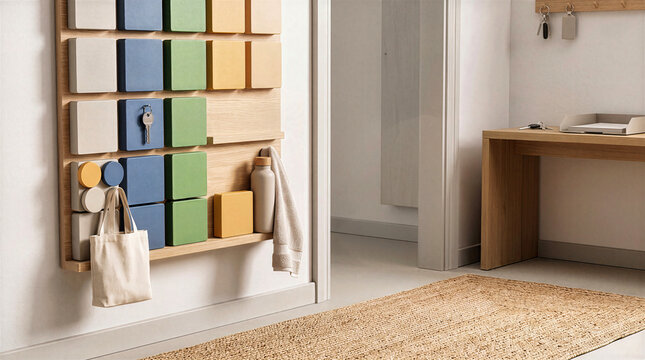 Minimalist wooden modular wall organizer with colorful blocks, hooks, canvas tote bag, and key in modern entryway. Contemporary interior home hallway decor with jute rug and side desk table