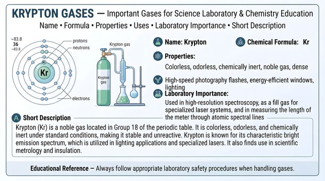  Krypton gas science laboratory reference poster presenting symbol Kr, noble gas identity, inert properties, lighting applications, laser technology uses, trace atmospheric presence, nonflammability, 