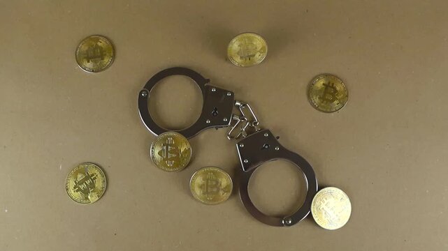 Golden bitcoins and metal handcuffs lying on a table, symbolizing the risks and illegal activities associated with cryptocurrency, such as money laundering, tax evasion, and cybercrime