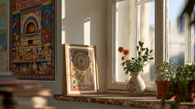 Uzbek bread oven illustration adorns a kindergarten international kitchen mural as a plant care consultant apprentices under an expert botanist, a dusty windowsill catching