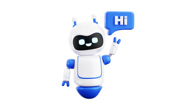 Friendly 3D Robot Character Greeting with Hi Speech Bubble Floating in Digital Space for Artificial Intelligence Technology Concept