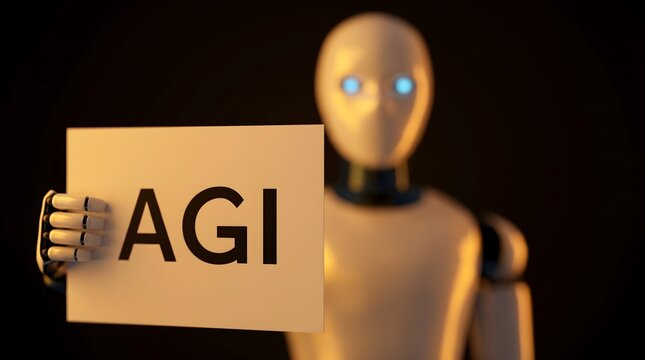 A robot holding a sign that says AGI. The robot is white with blue glowing eyes and is made of metal. The sign is white with black text.