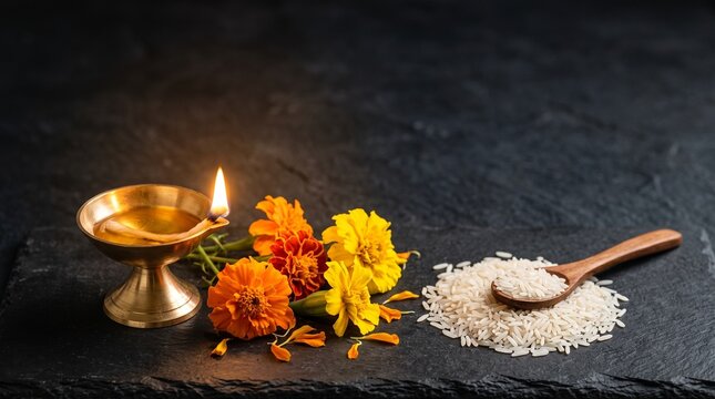Minimalist Kartik Purnima Arrangement with Polished Brass Diya and Fresh Orange and Yellow Marigold Flowers on Dark Textured Surface Background