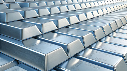 Obraz premium Stack of industrial silver metal ingots in storage