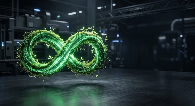 Glowing green eco-friendly infinity symbol on dark industrial metal background with copy space