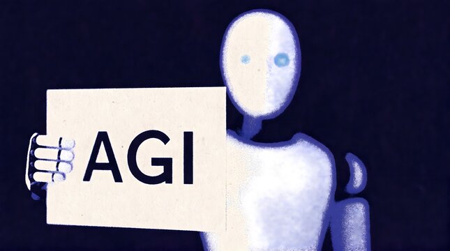 A robot holding a sign that says AGI, representing artificial general intelligence