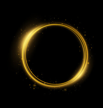Abstract golden light ring with sparkling particles and luminous bokeh effect.