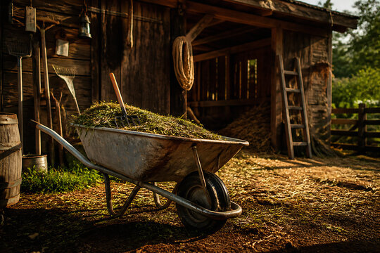 A wheelbarrow filled with hay sits in a rustic, wooden barnyard under warm sunlight.