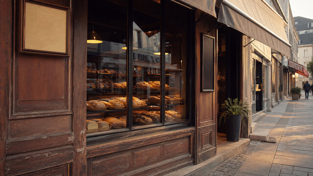 Rustic bakery storefront morning establishing shot