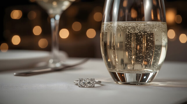 Diamond engagement ring beside elegant champagne glass