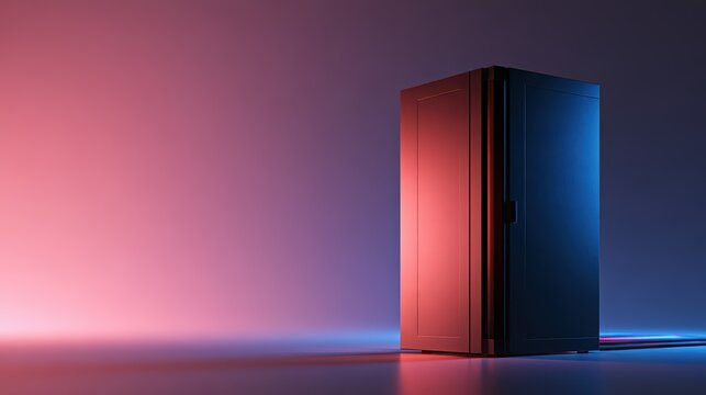 Modern black server rack cabinet illuminated with red and blue lighting on reflective surface in dark room