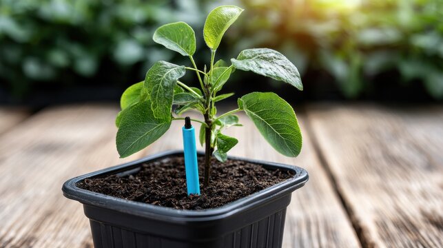 A pear tree sapling is growing in a nursery pot with a soil moisture sensor. Soft natural light enhances the details of the plant and pot.