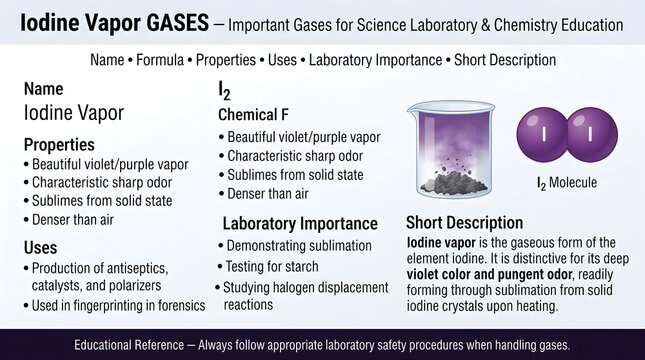  Iodine vapor gas science laboratory reference poster presenting formula I2, purple halogen vapor, sublimation behavior, antiseptic and analytical uses, oxidizing properties, toxicity, and safe handli