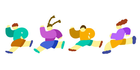 Fototapeta premium Four cheerful characters jogging, colorful flat design