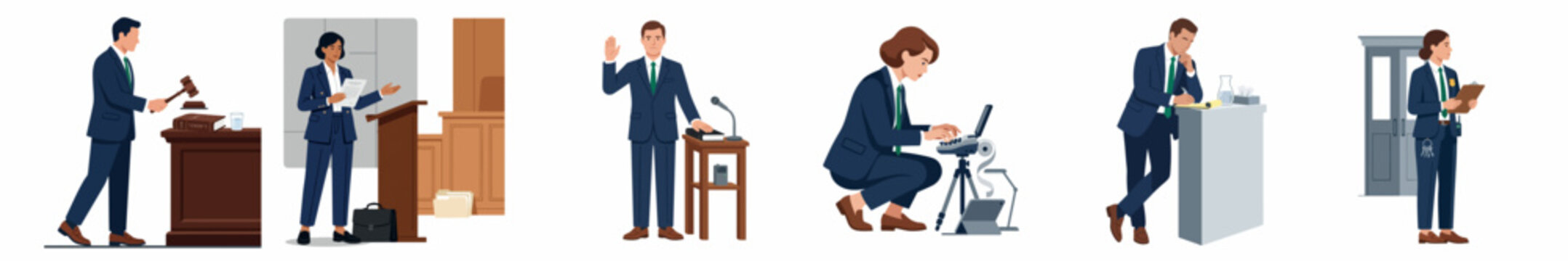 Flat vector illustration set of courtroom professionals including a judge, lawyer, witness, and court reporter on a white background.