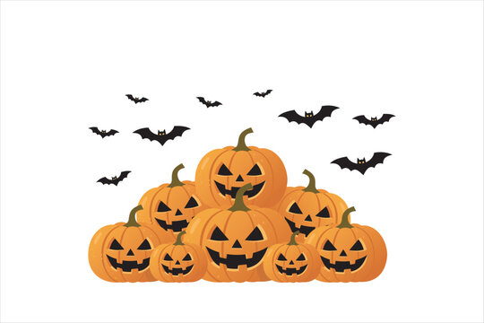Halloween jack o lantern pumpkin pile with flying bats in flat 2D style. Vector illustration for spooky celebration concept element.