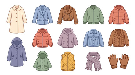 A diverse collection of winter outerwear and accessories, including coats, jackets, a vest, scarf, and gloves, displayed in a grid. © Terra
