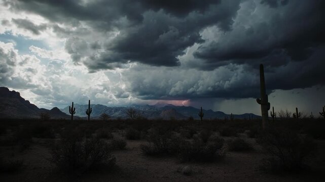 Dramatic storm clouds gather over a desert landscape with a lone silhouette against the dramatic sky during twilight