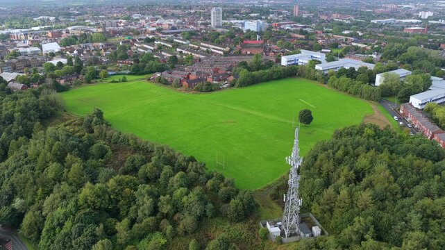 Aerial Video of Oldham North Transmitting Station and Oldham Edge Playing Fields in Greater Manchester. 