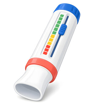 A peak flow meter with a sliding scale and a rounded mouthpiece, isolated on white