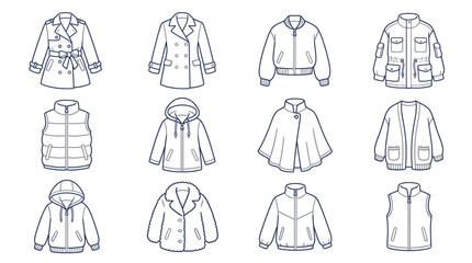 Collection of various jacket and coat fashion illustrations, showcasing different styles and designs for outerwear. © Rra Terra