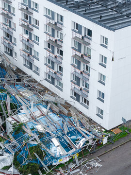 Aerial view of collapsed construction scaffolding at a renovated Soviet-era apartment building in Purvciems, Riga, Latvia.