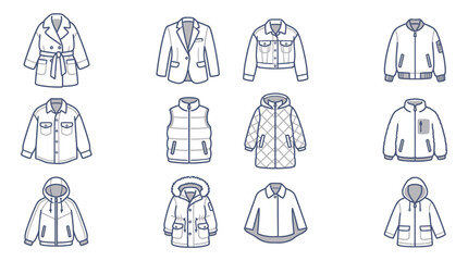 A collection of twelve different styles of outerwear, including coats, jackets, and vests, presented as line drawings on a white background. © Rra Terra