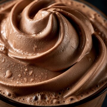 A thick milkshake swirls with condensation visible on its surface. The close-up captures its rich texture in a dark setting.