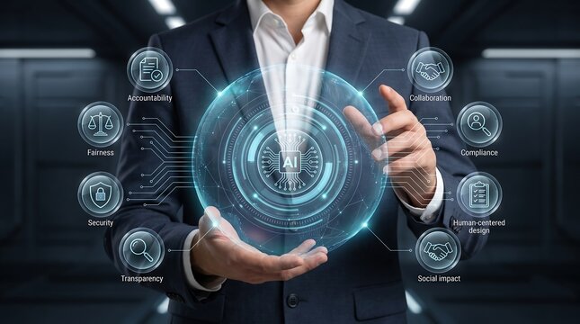 Businessman Interacting With AI Ethics Hologram Highlighting Transparency And Security