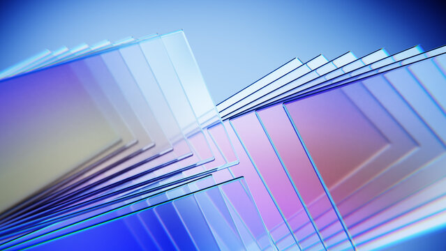 Overlapping glass panels with soft premium geometric reflections.