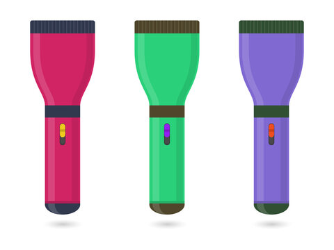 Three colorful handheld flashlights isolated on a transparent background