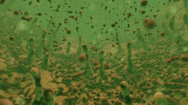 3d loop of gut microbiome bacteria floating over intestinal villi landscape. Realistic microscopic medical visualization of digestive system microflora, mucosal tissue, and probiotic health background